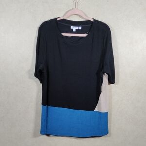 01137 Chico's Traveler black, tan, turquoise knit S/S blouse 3 XL